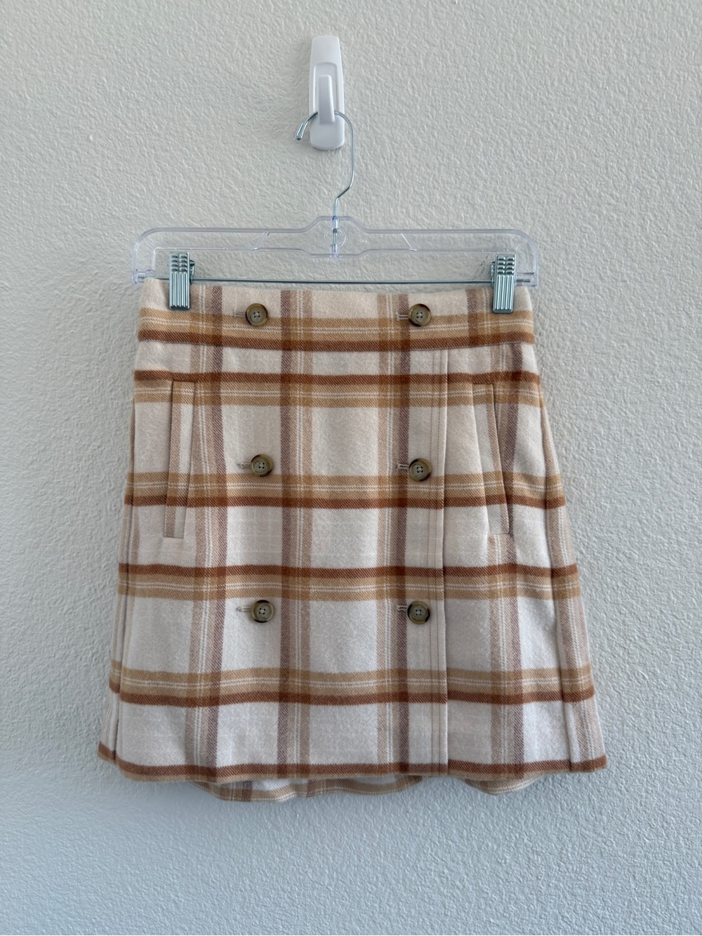 LOFT Cream and Brown Plaid Double-Breasted Mini Skirt